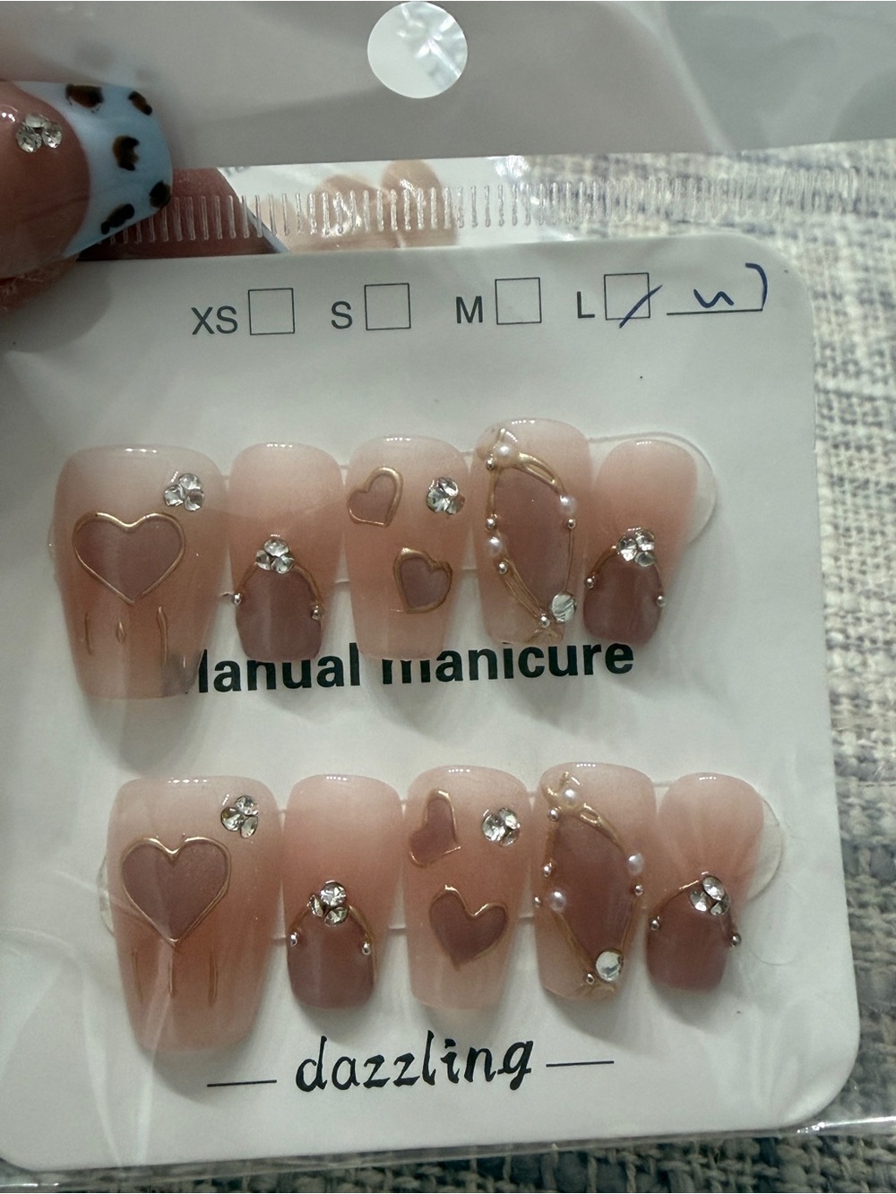 Dazzling Nude Pink Press-On Nails with Heart & Crystal Accents